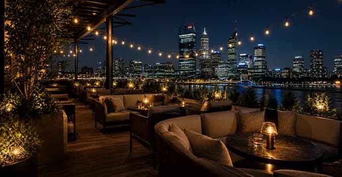 Rooftop bar venue at night